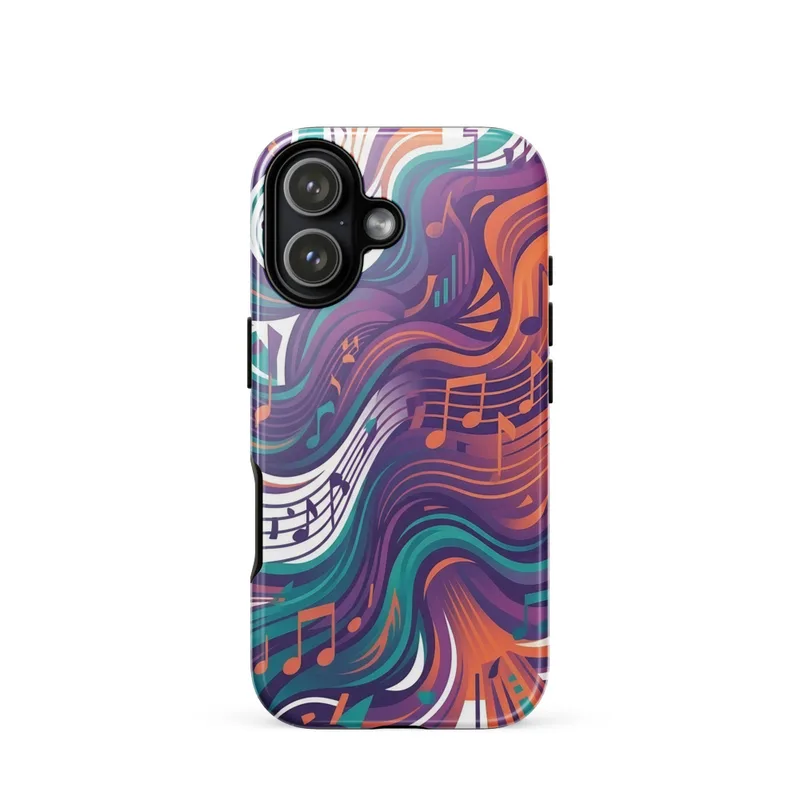 Flowing Soundwaves & Notes Tough Phone Case, iPhone 15, 16 and 17 case, abstract music art, modern colorful design, gift for music lovers