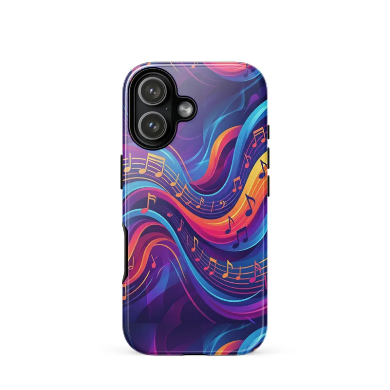 Rhythmic Wave Ribbons Tough Phone Case, abstract music art, vibrant gradient design, iPhone 15, 16 and 17 case, music lover gift