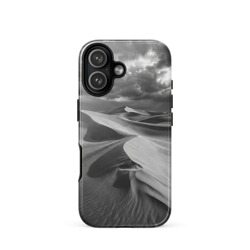 Windswept Sand Dunes Tough Phone Case, monochrome landscape photography, dramatic style, iPhone 15, 16 and 17 case, art gift