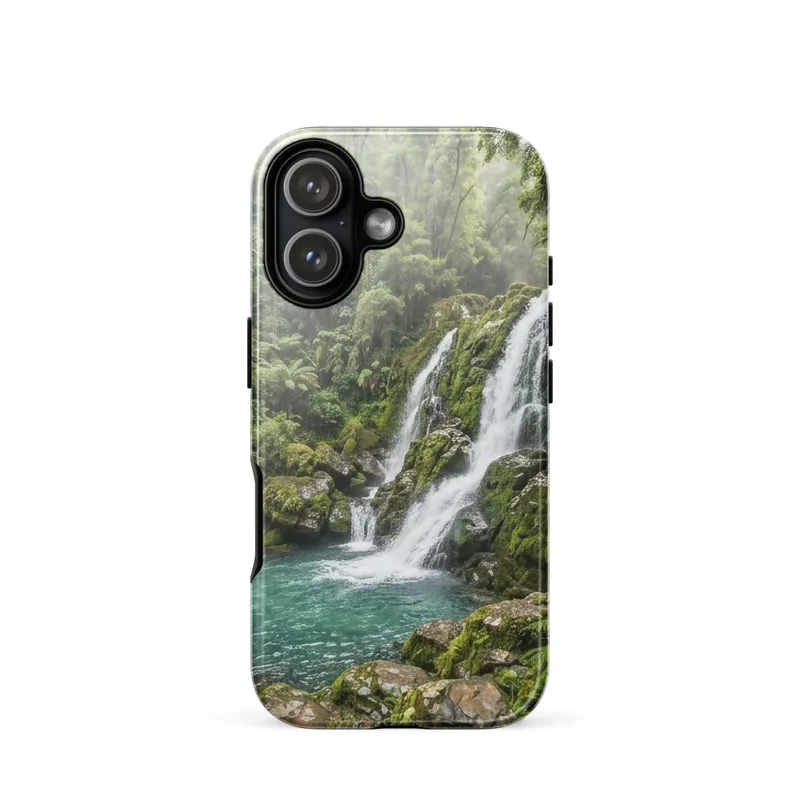 Lush Forest Waterfall Tough Phone Case, iPhone 15, 16 and 17 case, nature photography, gift for hikers and nature lovers