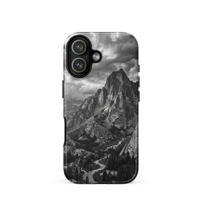 Mountain Peak with Storm Clouds Tough Phone Case, iPhone 15, 16 and 17 case, monochrome landscape, fine art photography, mountain lover gift