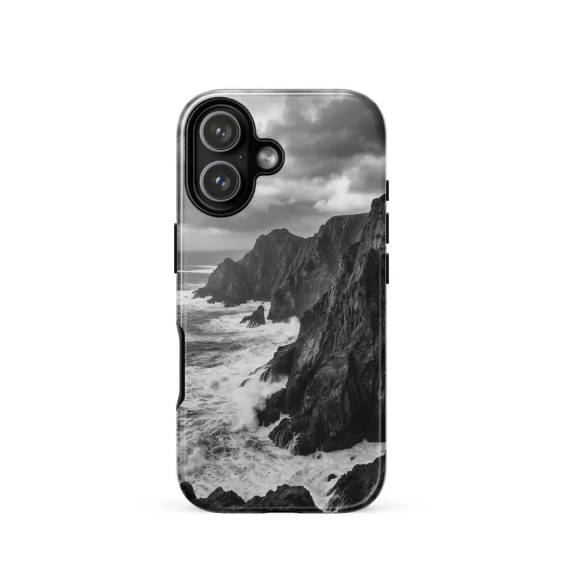 Rugged Coastal Cliffs Tough Phone Case, iPhone 15, 16 and 17 case, black and white landscape photography, gift for landscape lovers