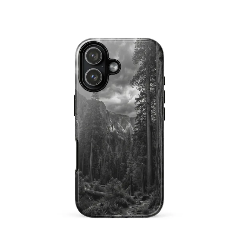 Ancient Redwood Forest iPhone 15, 16 and 17 Tough Phone Case, black and white photography, monochrome landscape, nature gift, forest lover gift