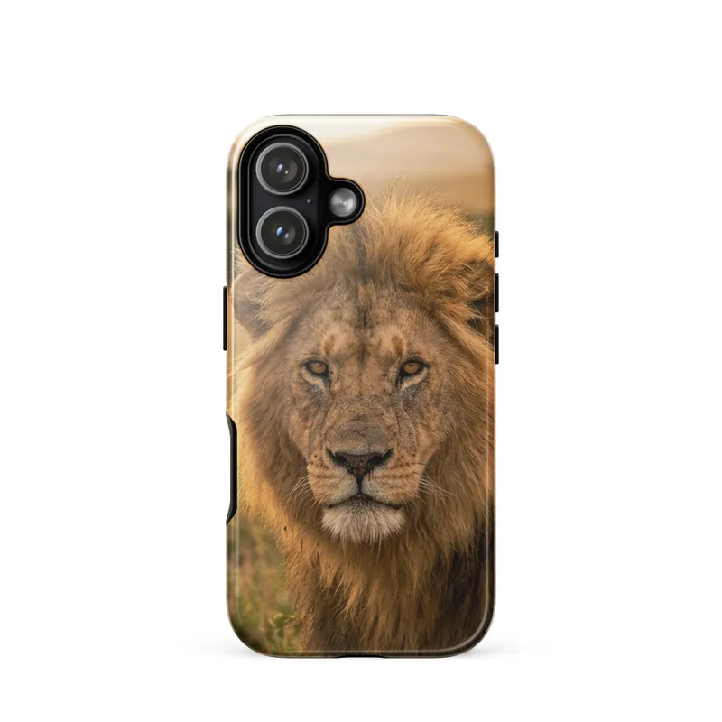 Male Lion Tough Phone Case, iPhone 15, 16 and 17 case, wildlife photography, dramatic close-up, big cat gift