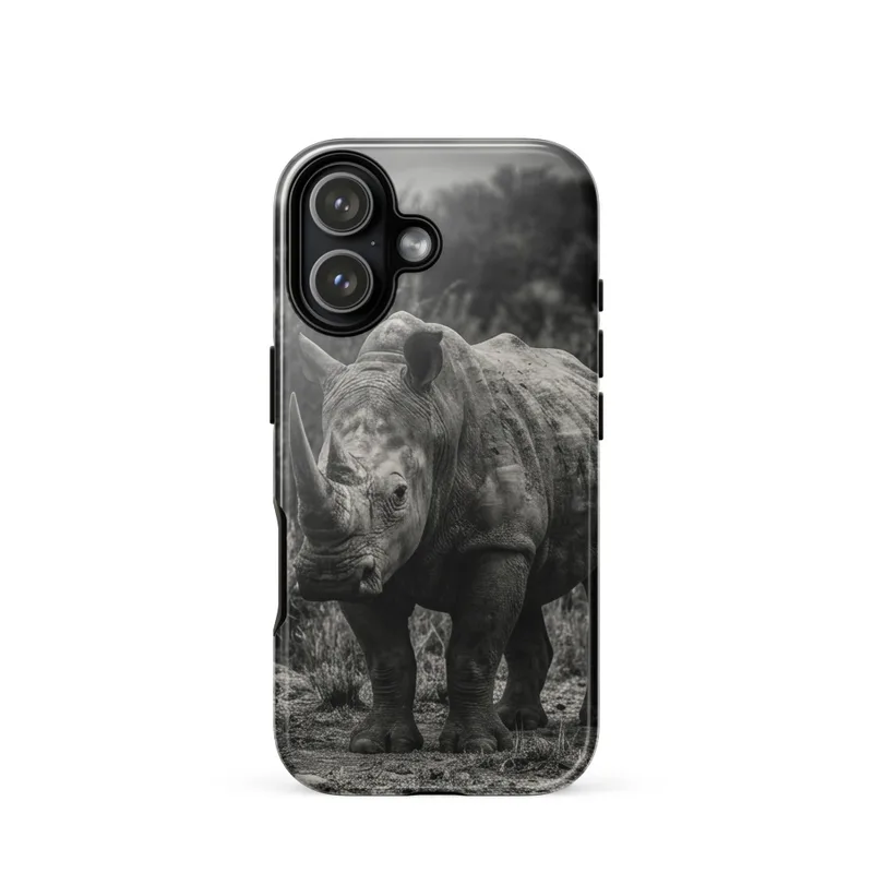 White Rhinoceros Tough Phone Case, black and white wildlife photography, iPhone 15, 16 and 17 case, high-contrast monochrome, wildlife lover gift