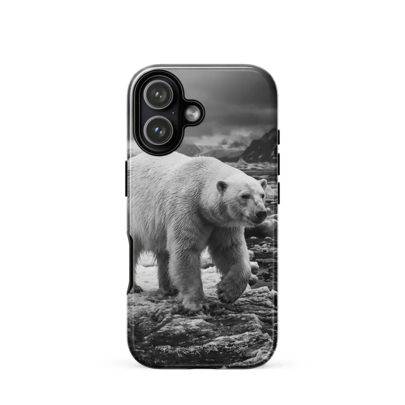 Polar Bear Tough Phone Case, iPhone 15, 16 and 17 case, black and white wildlife photography, monochrome style, wildlife lover gift