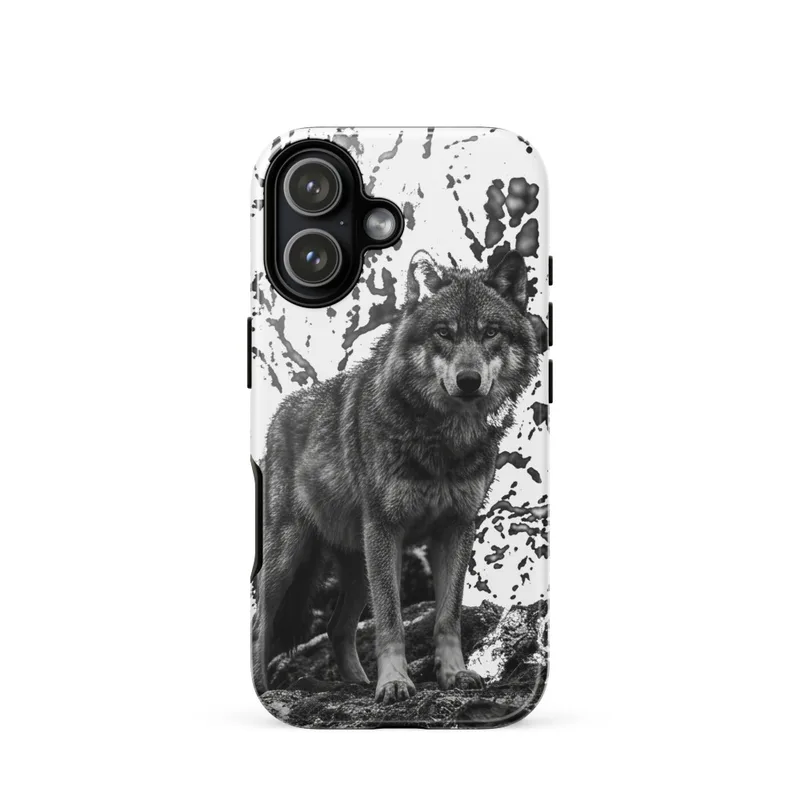 Gray Wolf Tough Phone Case, black and white wildlife photography, monochrome art, iPhone 15, 16 and 17 case, wolf lover gift