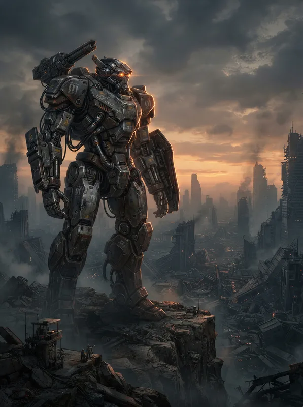 Mecha Guardian Overlooking Ruined City