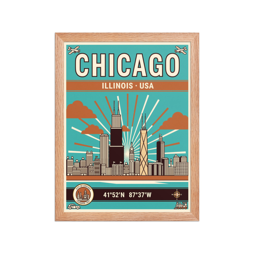 Chicago Skyline Poster, retro travel art print, vintage skyline wall decor, living room wall art, Chicago gift for city lovers