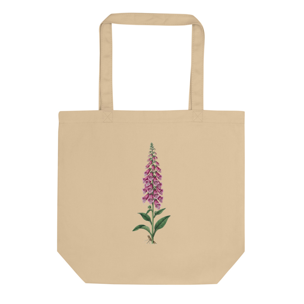 Foxglove Study Tote Bag, botanical floral illustration, everyday carry, nature lover gift, organic cotton tote