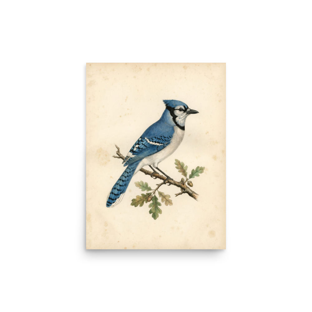 Blue Jay Art Print, antique bird study, vintage natural history decor, study or bedroom wall art, gift for bird lovers