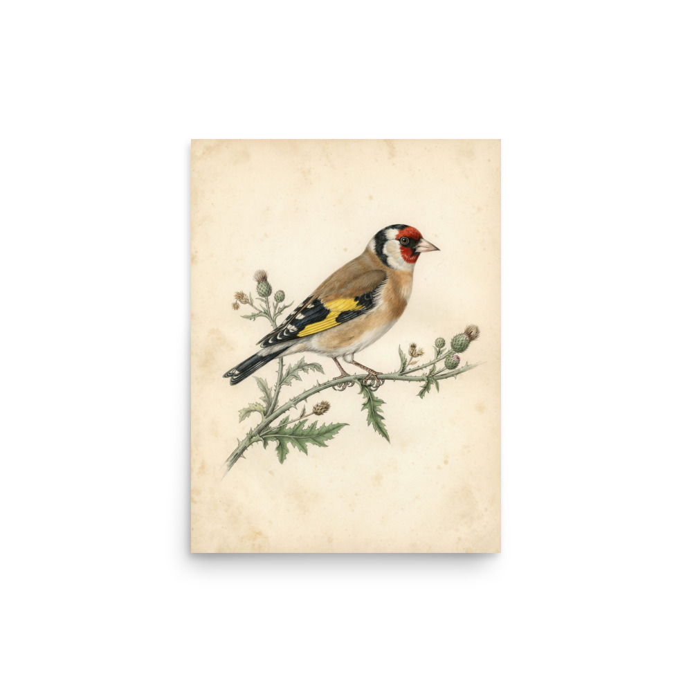 Goldfinch Art Print, antique ornithological plate, watercolour bird study, study room decor, gift for birdwatchers