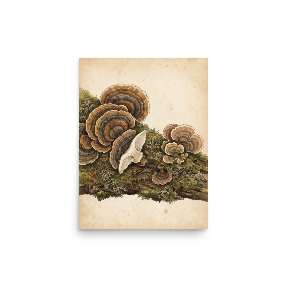Turkey Tail Mushroom Art Print, vintage botanical illustration, antique field guide style, woodland decor, nature lover gift