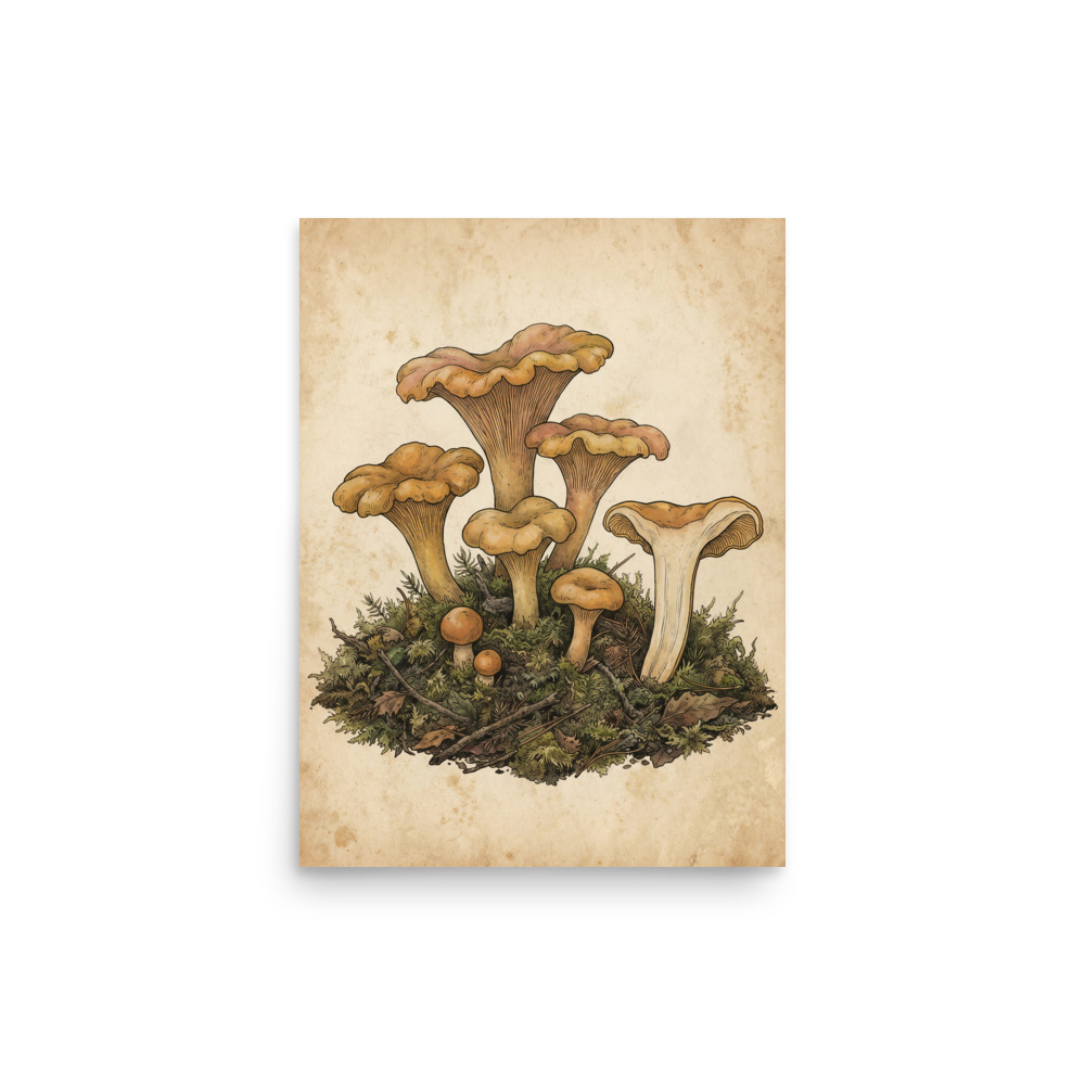 Chanterelle Mushroom Art Print, vintage botanical illustration, woodland decor, gift for mushroom lovers, nature lover gift