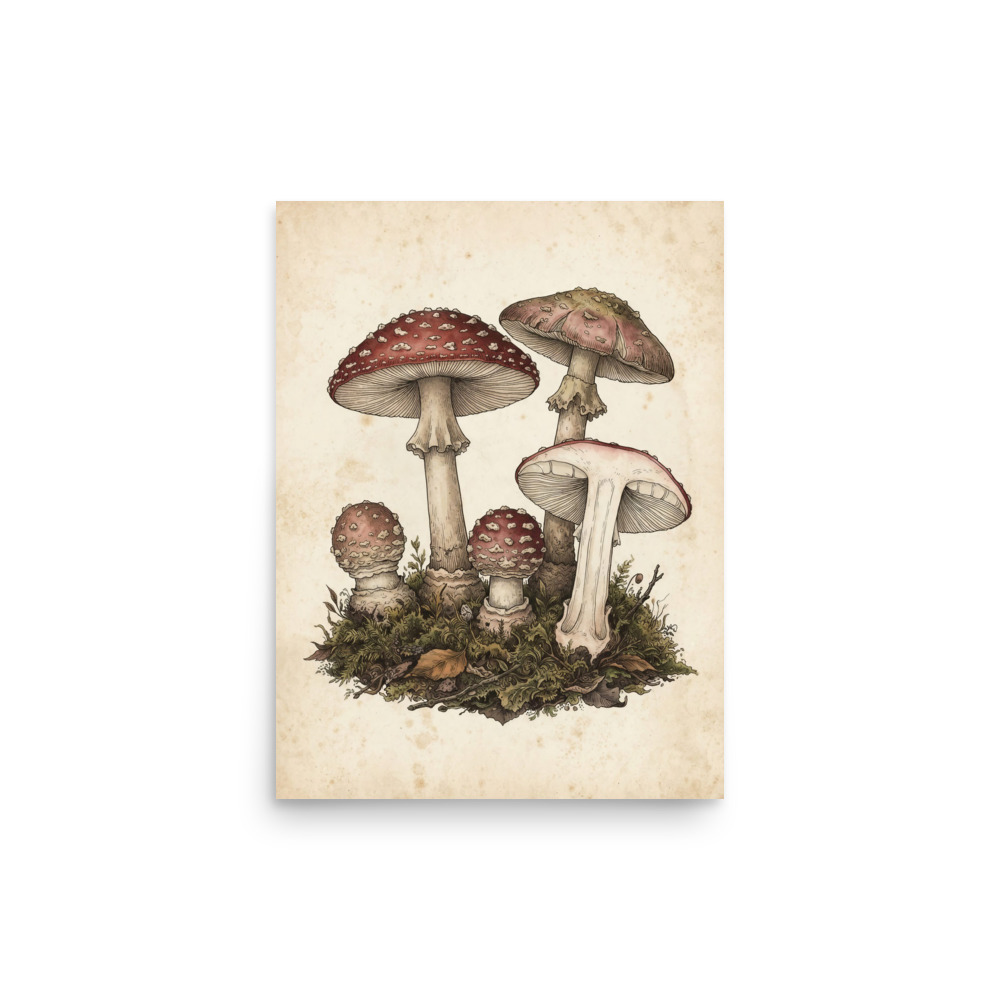 Fly Agaric Mushroom Art Print, vintage botanical illustration, antique field guide style, woodland decor, nature lover gift