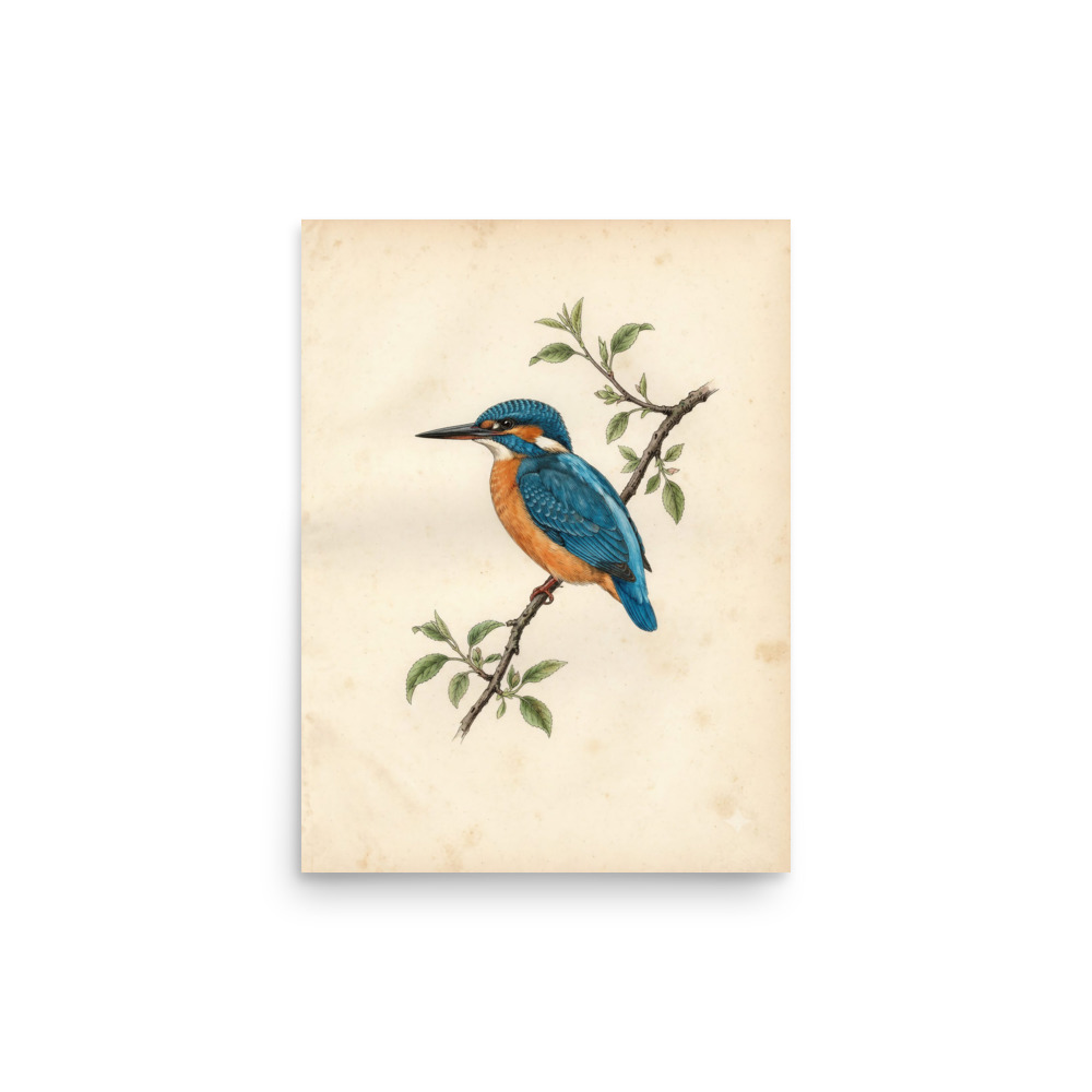 Kingfisher Art Print, antique ornithological illustration, vintage watercolour bird art, study for a reading nook, gift for bird lovers