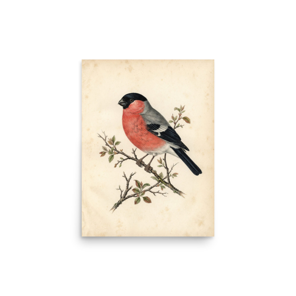 Bullfinch Bird Study Art Print, antique ornithological art, watercolour bird wall decor, nature study for a reading nook, gift for bird lovers