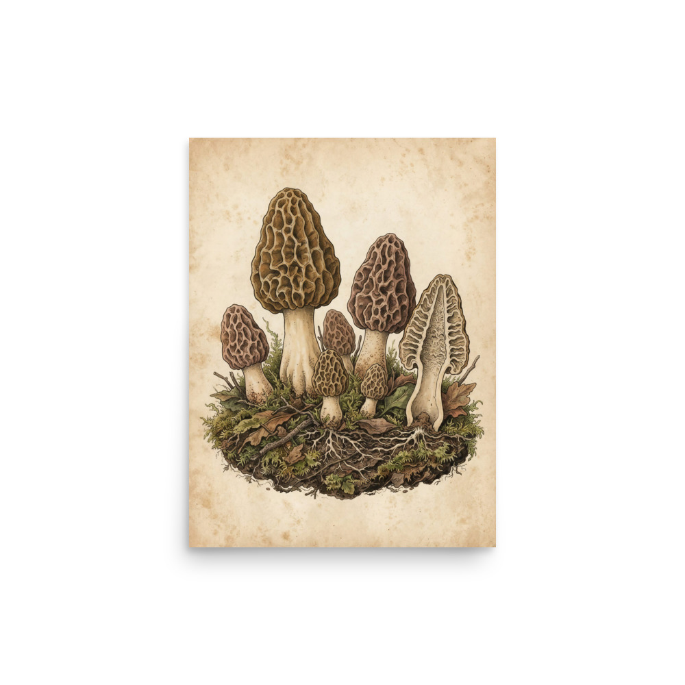 Morel Mushroom Study Art Print, vintage ink and gouache, antique field guide style, woodland decor, mushroom lover gift