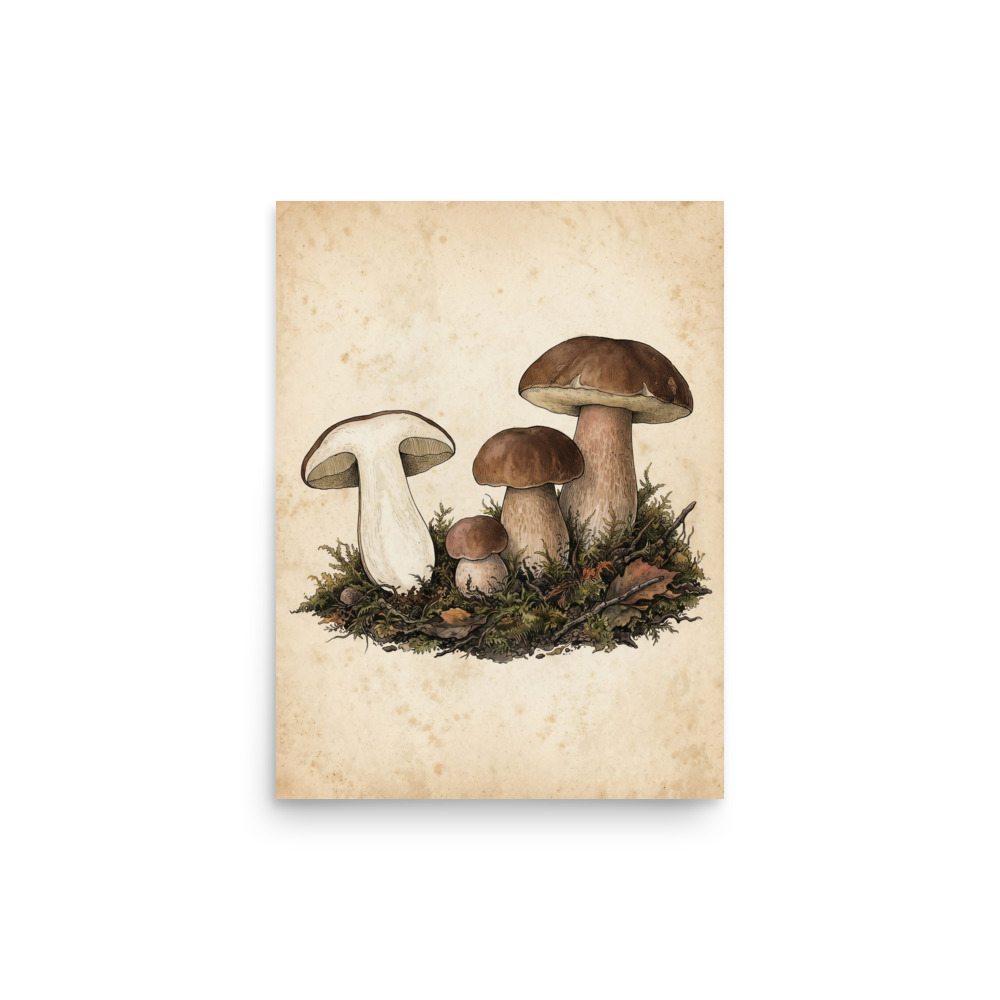 Porcini Mushroom Art Print, vintage botanical illustration, woodland decor, nature lover gift, antique field guide style