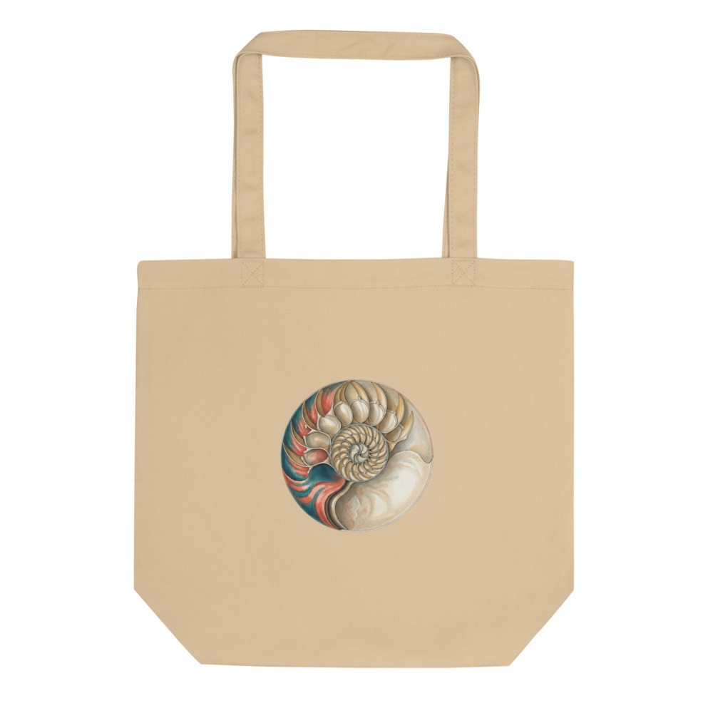 Nautilus Study Tote Bag, botanical art print, organic cotton tote, everyday market carryall, gift for shell lovers