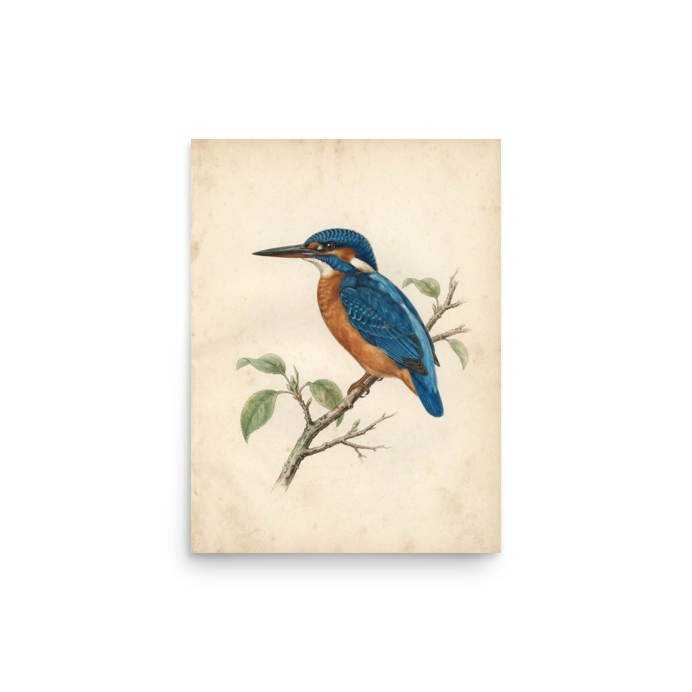 Kingfisher Bird Study II Art Print, antique ornithological plate, nature wall art, gift for bird lovers and collectors