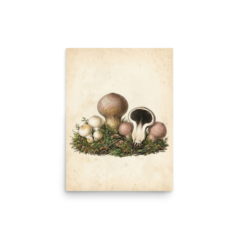 Puffball Mushroom Art Print, vintage mycological illustration, antique field guide style, cottagecore wall art, nature lover gift