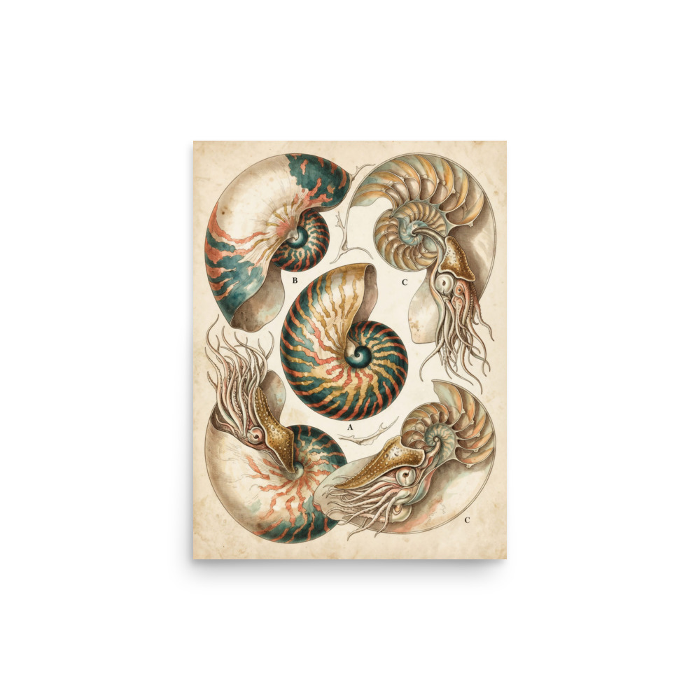 Nautilus Sea Specimen Art Print, 19th century marine illustration, coastal home decor, ocean lover gift, natural history art