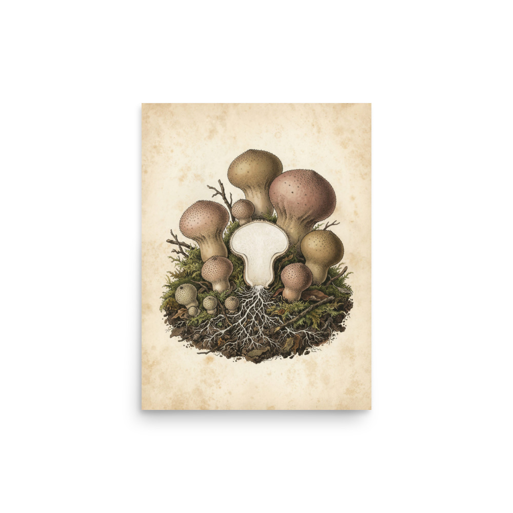 Puffball Mushroom Study Art Print, vintage botanical illustration, woodland decor, nature lover gift, mycology enthusiast gift