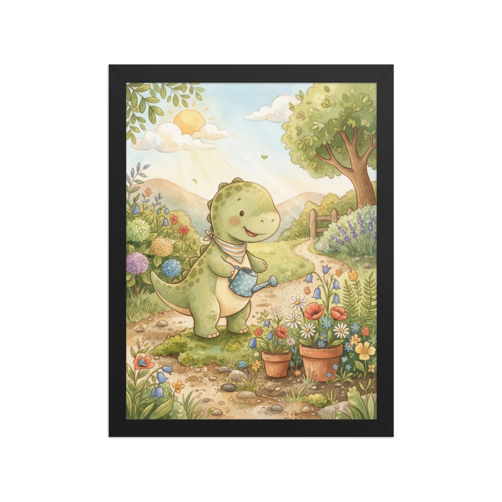 A Baby Dinosaur Watering Flowers