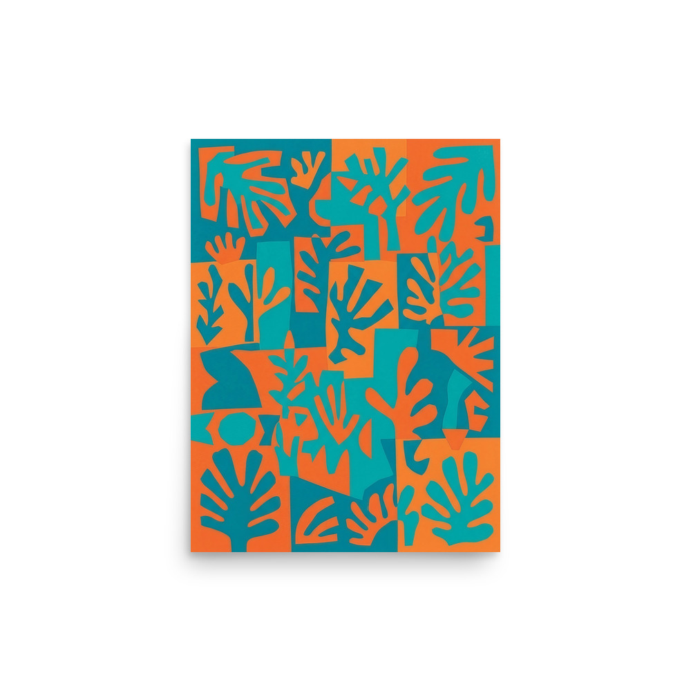 Turquoise Coral Art Print, Matisse-inspired abstract cut-out, colorful wall art, playful gift for modern homes