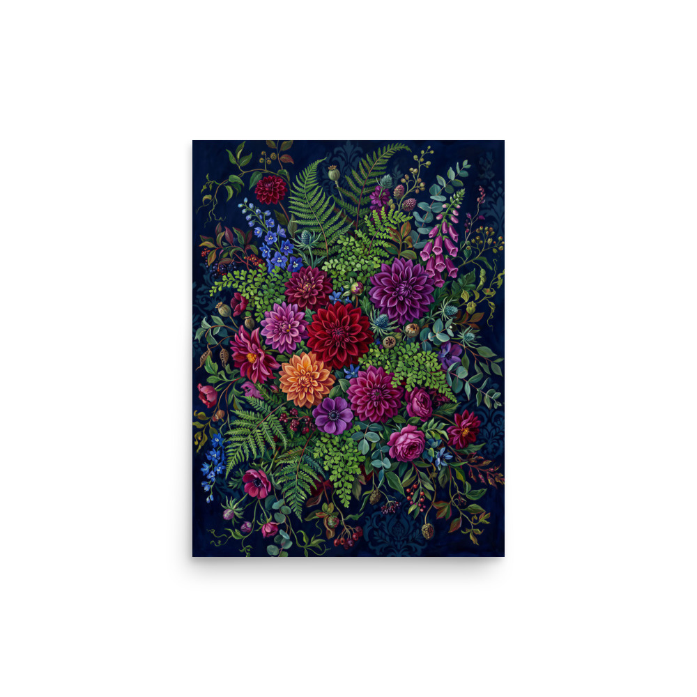 Lush Dahlia and Fern Arrangement Art Print, maximalist botanical wall art, midnight blue floral décor, gift for flower lovers
