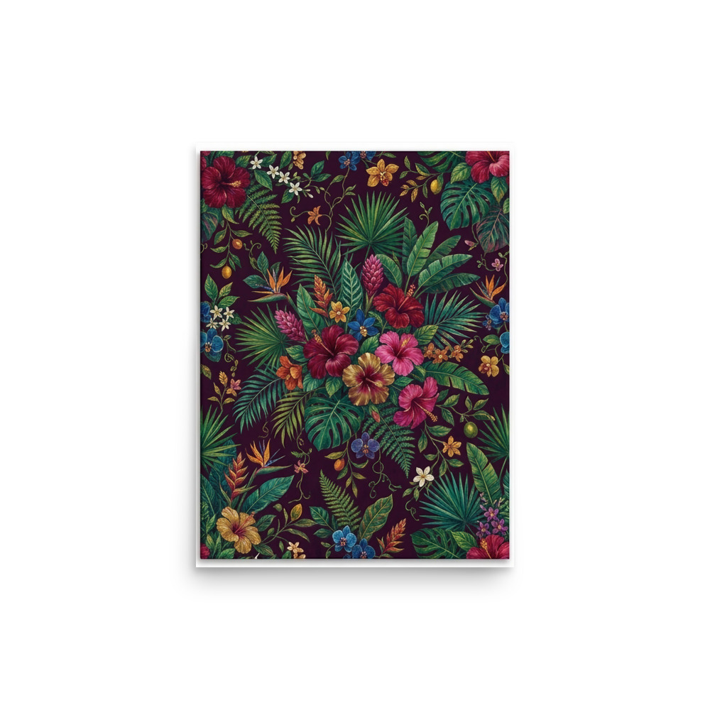 Tropical Hibiscus and Palm Fronds Art Print, maximalist botanical wall art, eclectic home decor, gift for plant lovers