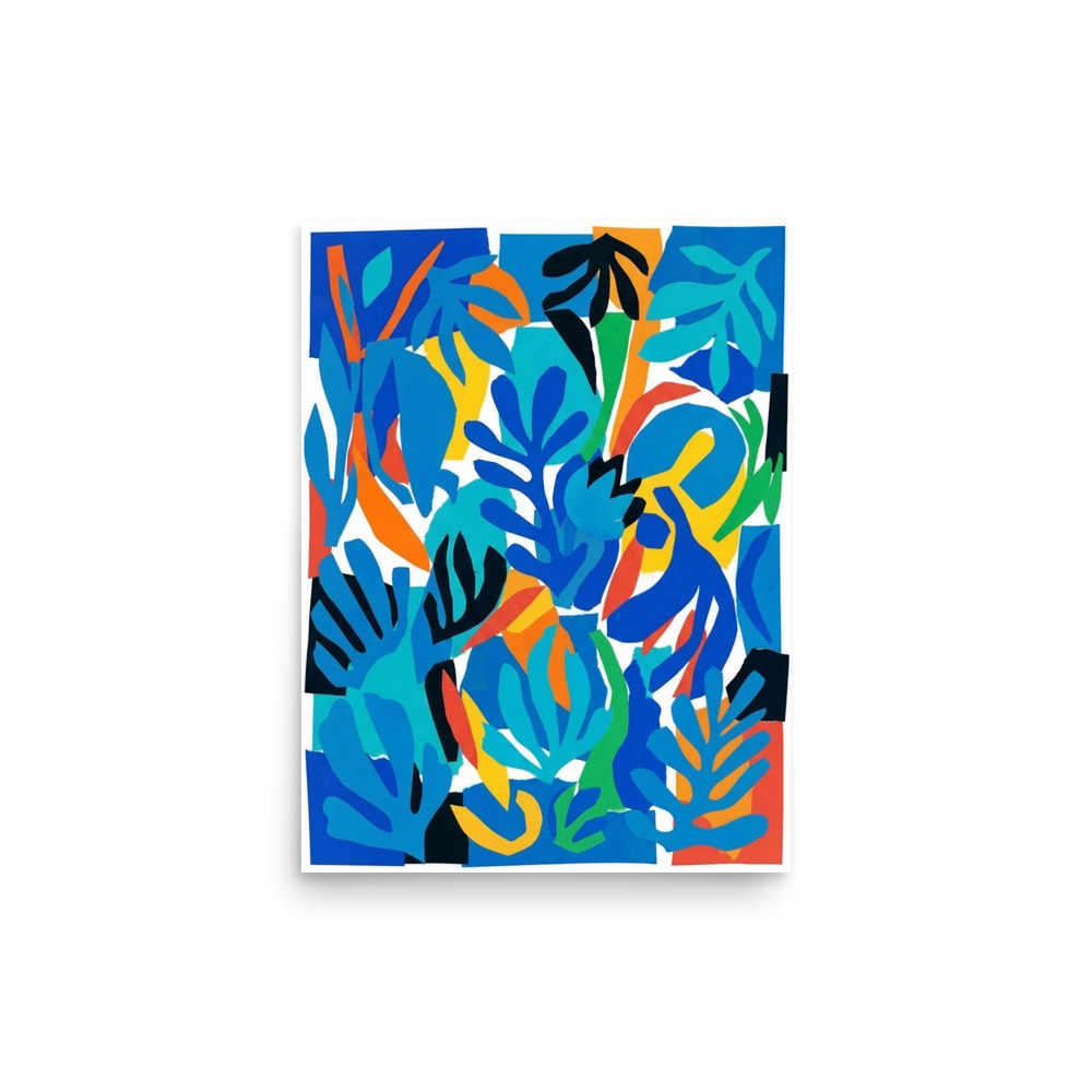 Matisse-inspired abstract blue shapes art print, modern wall art, colorful living room decor, playful gift for design lovers