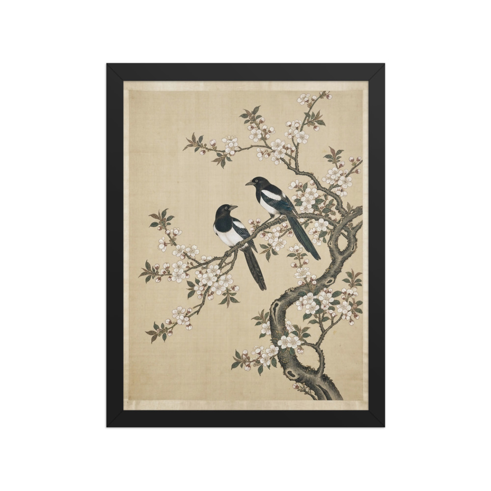 Magpies on Plum Branch Art Print, traditional Chinese gongbi painting, elegant wall art for home, gift for bird lovers