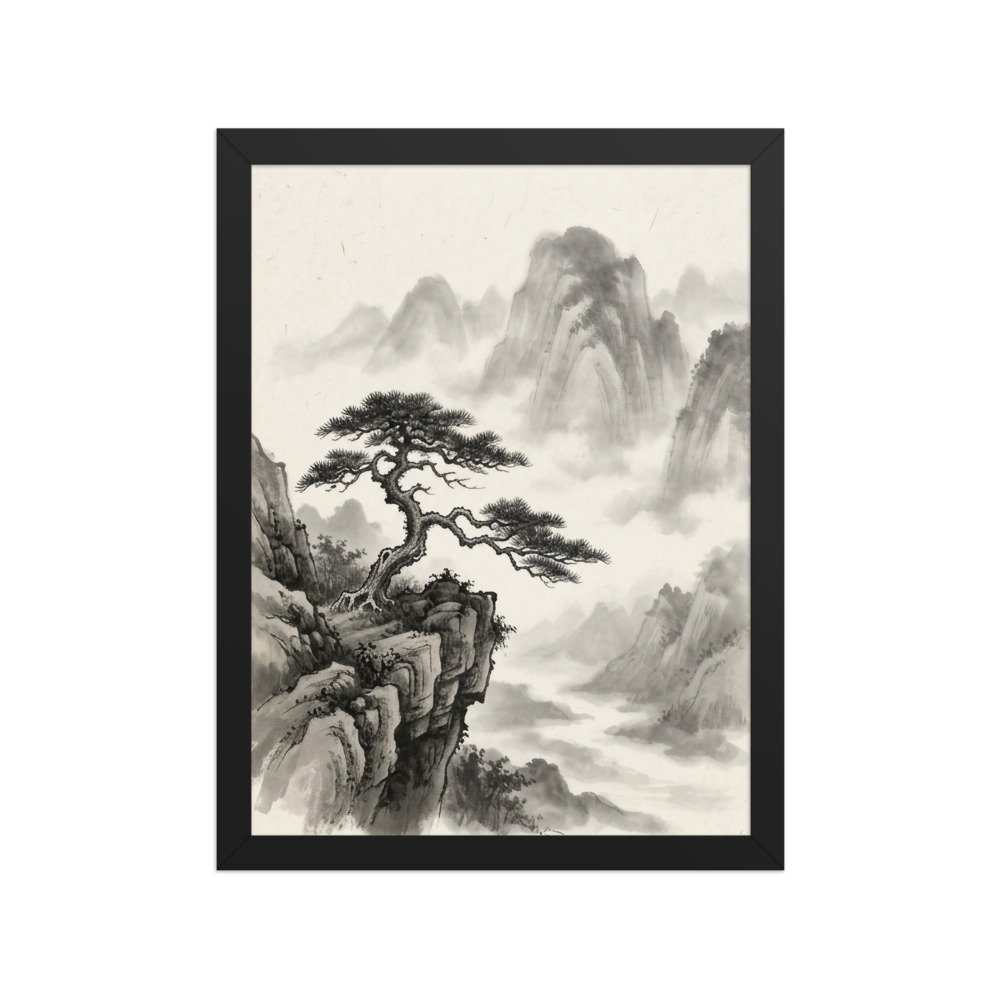 Misty Mountain with Ancient Pine Art Print, traditional Chinese ink wash, sumi-e wall art, zen home decor, gift for art lovers