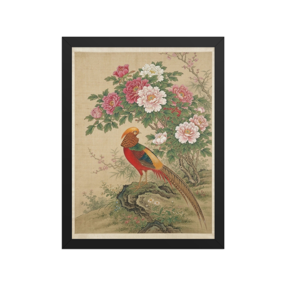 Golden Pheasant & Peony Art Print, traditional Chinese gongbi painting, elegant living room decor, gift for Chinese art lovers