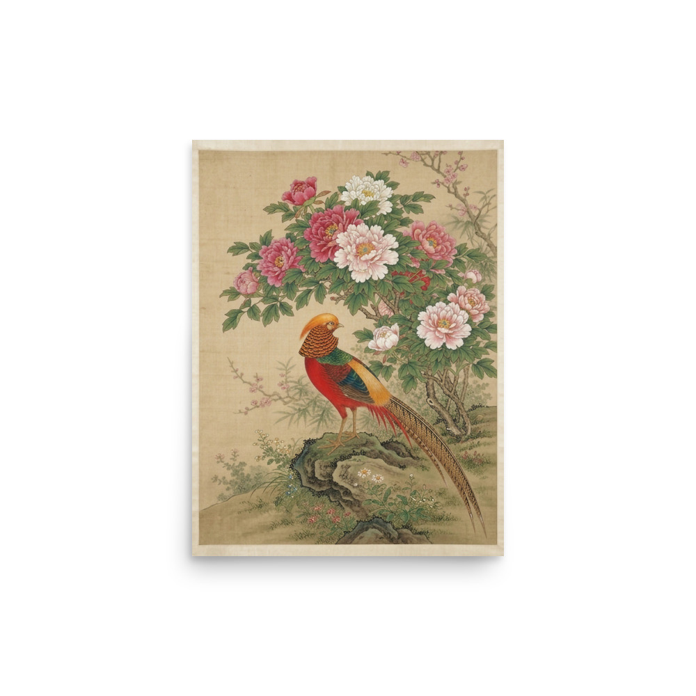 Golden Pheasant & Peony Art Print, traditional Chinese gongbi painting, elegant living room decor, gift for Chinese art lovers