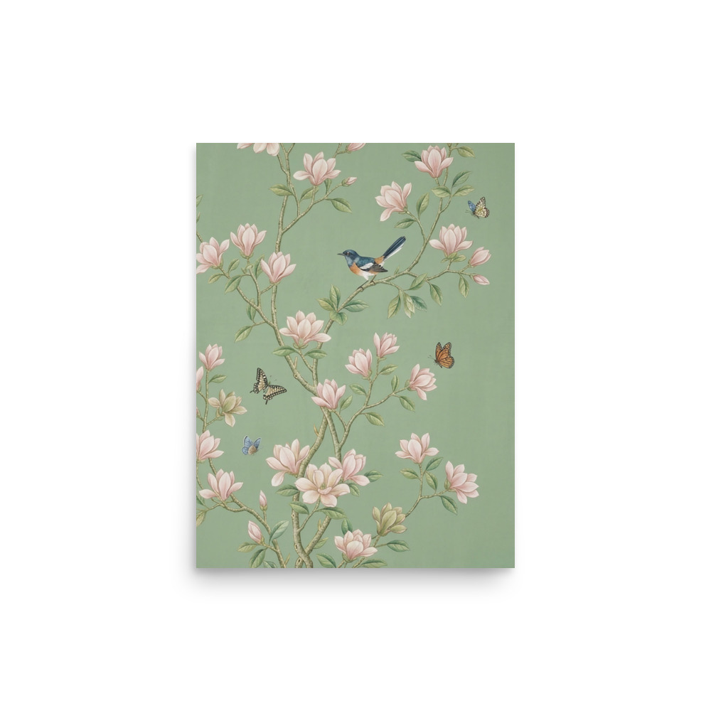Chinoiserie floral wall panel art print, hand-painted style, living room decor, botanical wall art, gift for design lovers