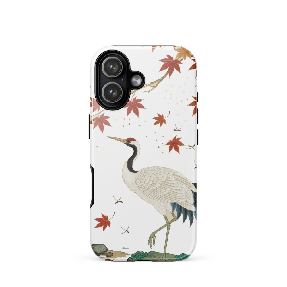White Crane with Red Maple Tough Phone Case, Chinese gongbi art, Song dynasty style, iPhone 15, 16 and 17 case, elegant gift