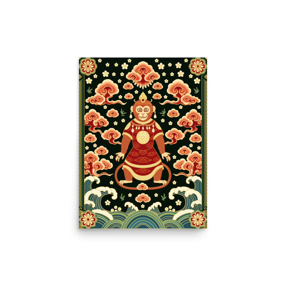 Chinese Monkey Art Print, traditional Chinese decor, red and gold wall art, Lunar New Year gift, ornate Asian design
