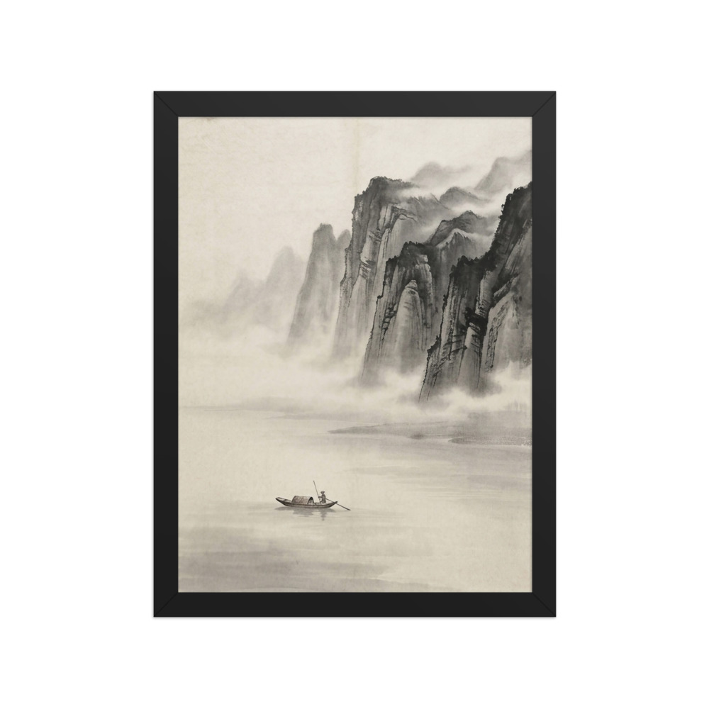 Fisherman's Boat on Still River Art Print, traditional Chinese ink wash, sumi-e style, peaceful home decor, gift for meditation lovers