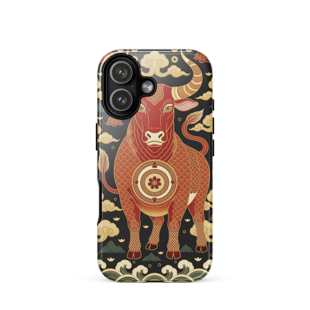 Chinese Ox Tough Phone Case, ornate Chinese art, red and gold design, traditional gift, iPhone 15, 16 and 17 case