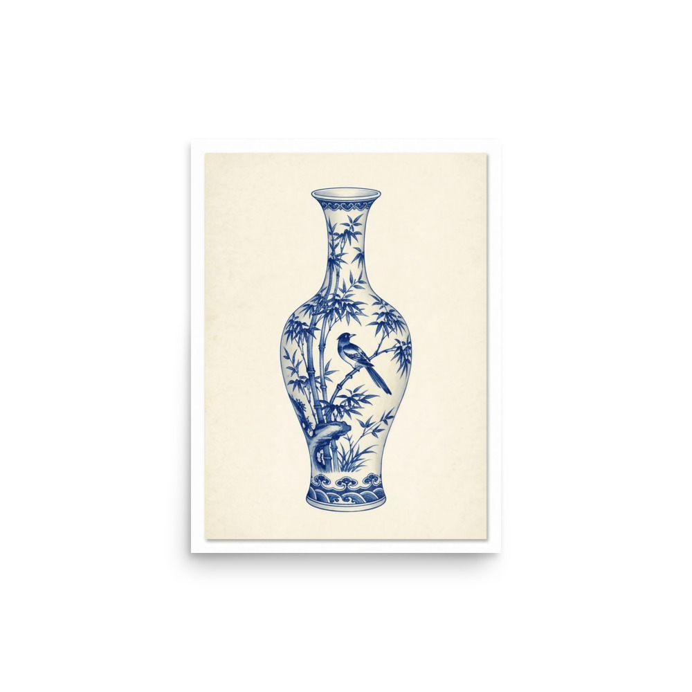 Bamboo Magpie Vase Art Print, blue and white porcelain style, botanical wall art, dining room decor, bird lover gift