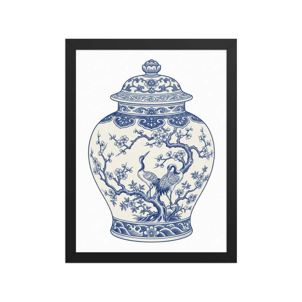 Plum Blossom Crane Jar Art Print, blue-and-white porcelain style, classic living room decor, bird lover gift idea
