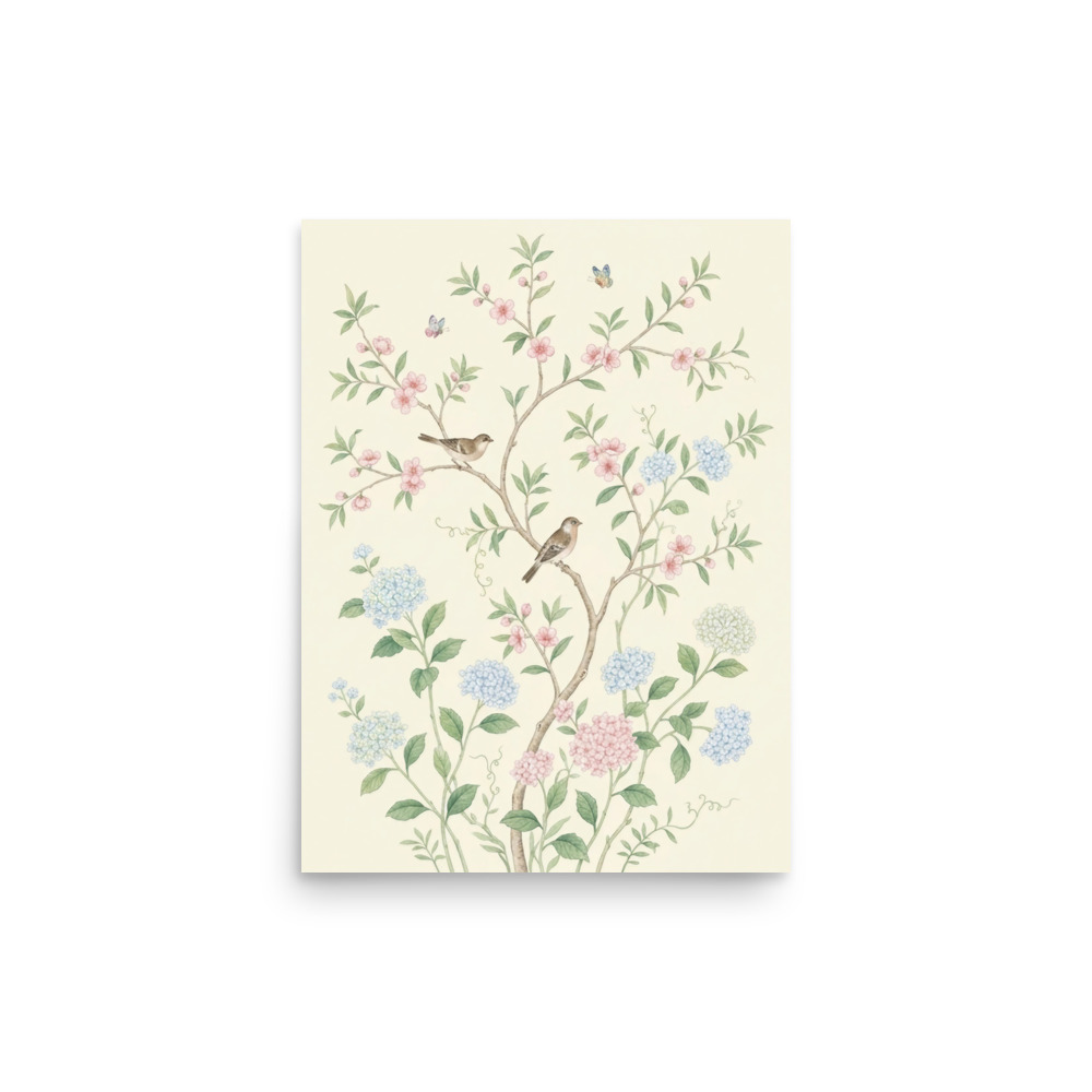 Ivory Hydrangea and Plum Branches with Finches Art Print, Chinoiserie watercolor, bedroom decor, nature lover gift