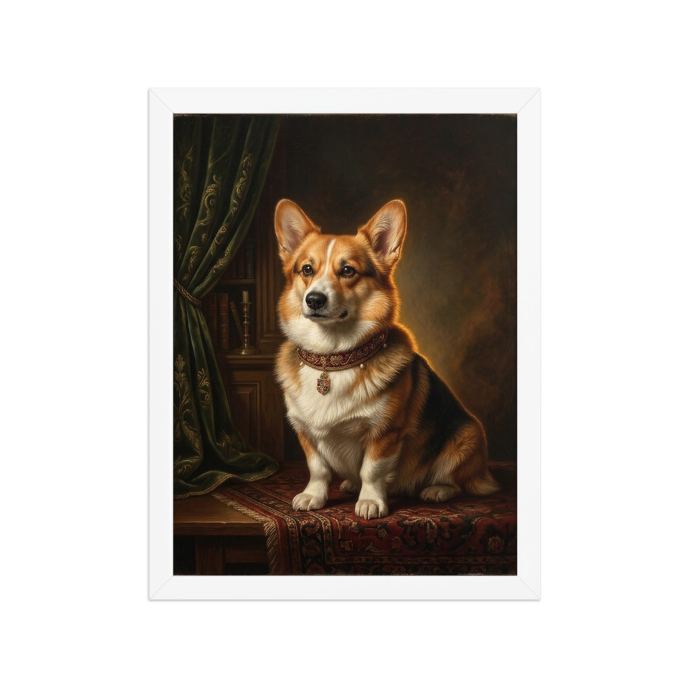 Corgi Dog Art Print, 17th-century Dutch master style, dark academia home decor, royal pet portrait for dog lovers