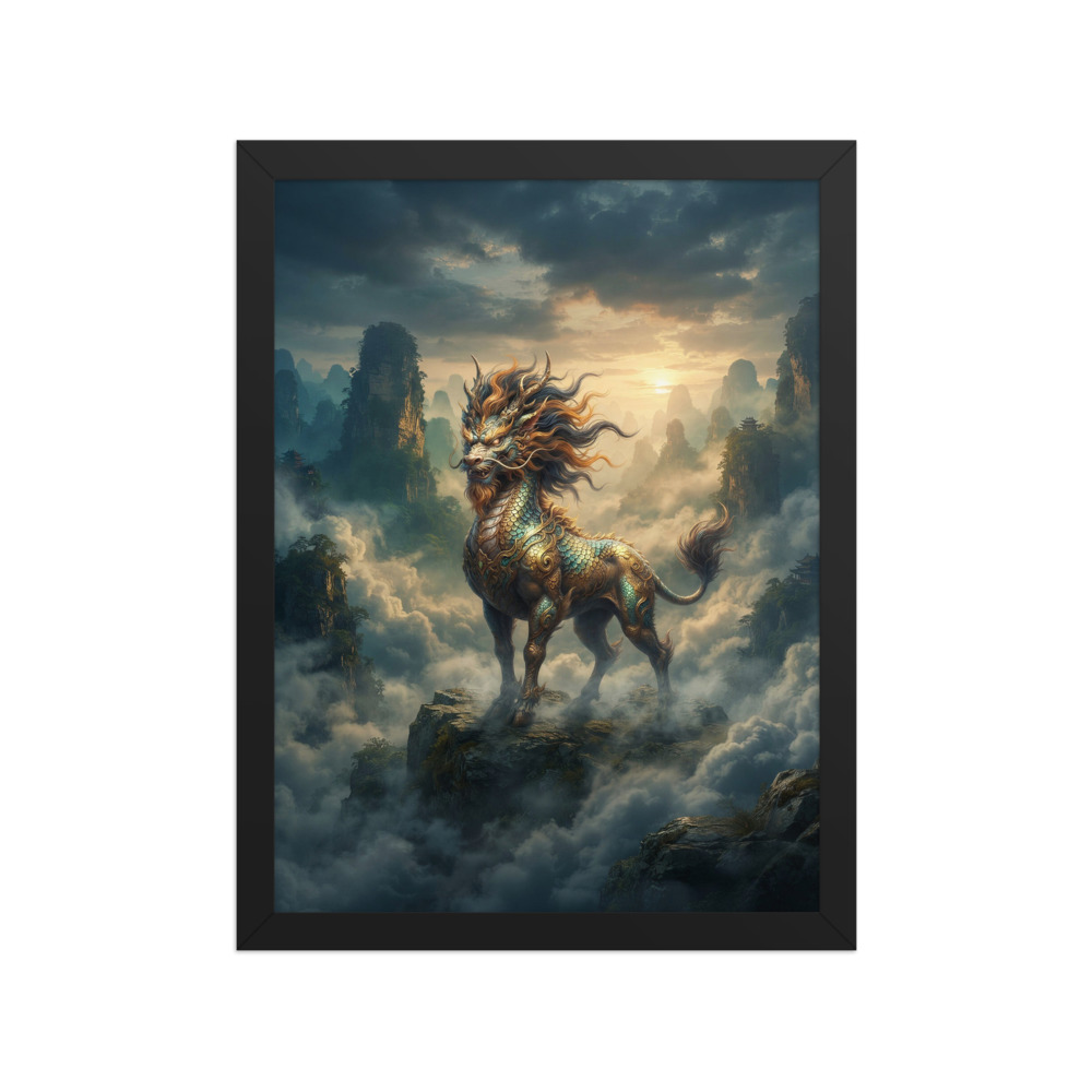 Qilin Art Print, cinematic Chinese myth wall art, moody mountain landscape decor, living room accent, fantasy gift for mythology lovers