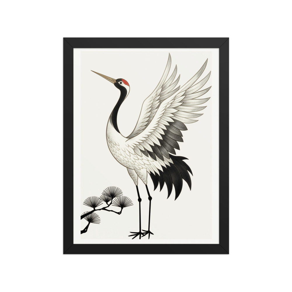 Ink-Wash Crane over Pine Art Print, East Asian landscape style, serene study and bedroom decor, traditional art gift for nature lovers