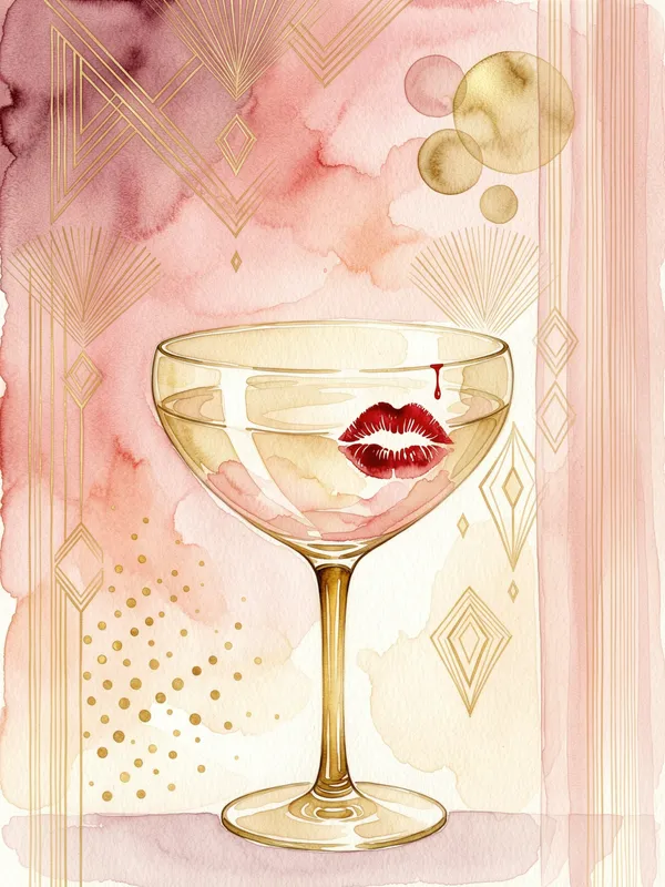 Champagne coupe with a red lipstick kiss Art Print, glamorous watercolor, vanity decor, cocktail bar art, gift for fashion lovers