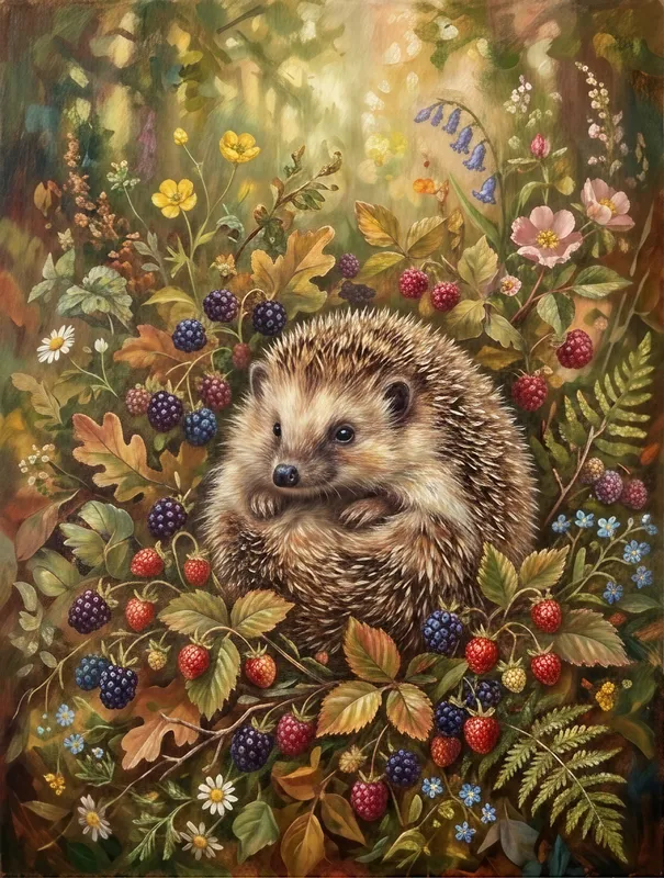 Hedgehog with Berries and Leaves Art Print, cottagecore oil painting, cozy nursery decor, woodland reading nook, nature lover gift